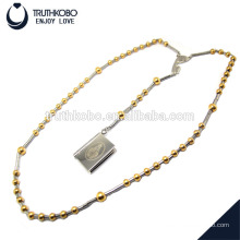 Hot sale Bible text and mary pattern jewelry to necklace with 8mm & 6mm gold plating rosary bead stainless steel round pendant